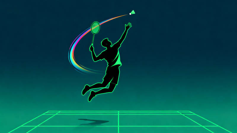 羽毛球运动员跃起击球的画面-图片