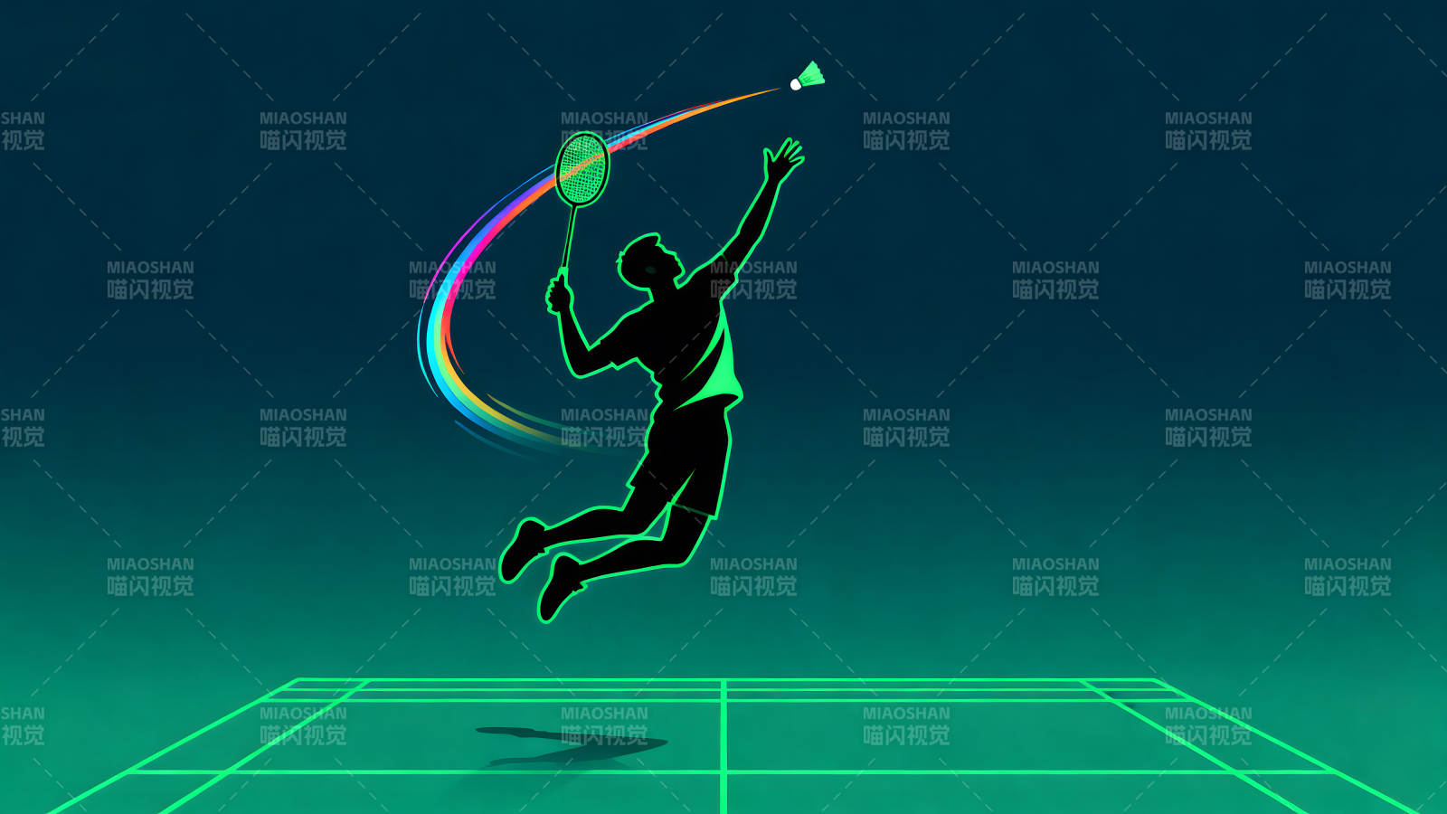 羽毛球运动员跃起击球的画面-图片