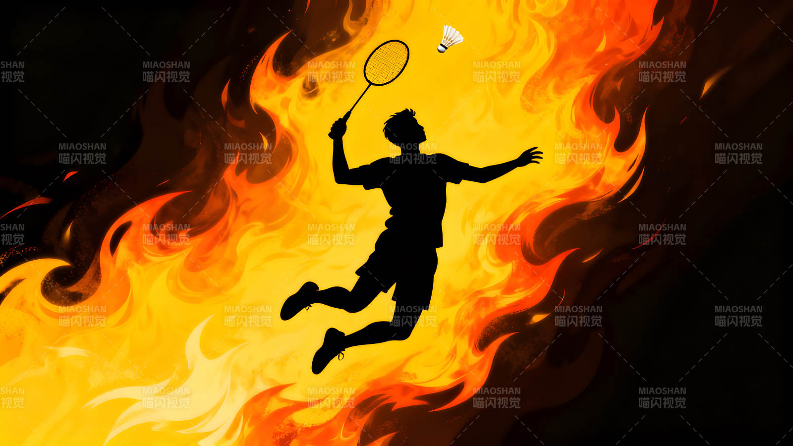 羽毛球运动员在火焰中跳跃-图片