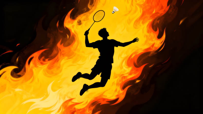 羽毛球运动员在火焰中跳跃-图片