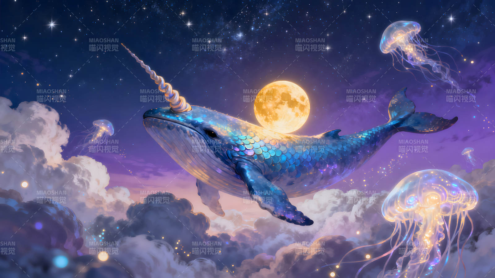 梦幻独角鲸夜空中遨游-图片