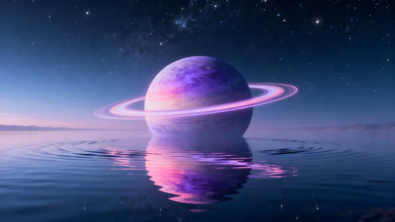 星空下的行星与水面倒影的梦幻景象-图片