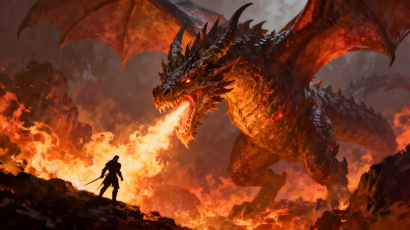 巨龙喷火骑士持剑战斗-图片