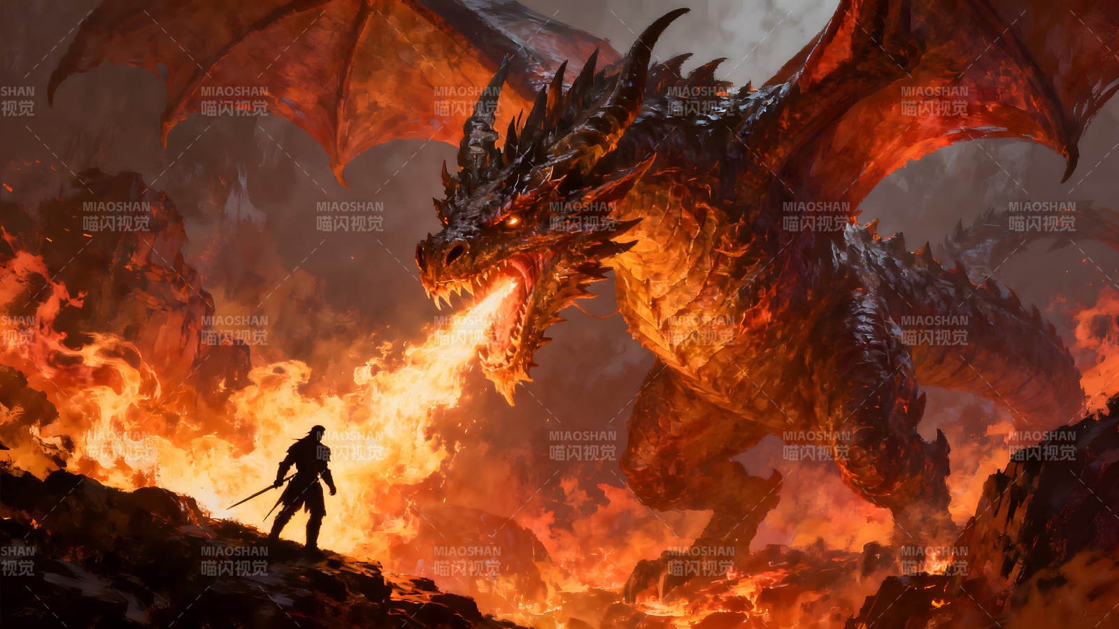 巨龙喷火骑士持剑战斗-图片