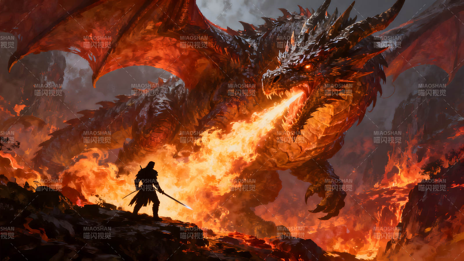 巨龙喷火与持剑战士的对抗-图片