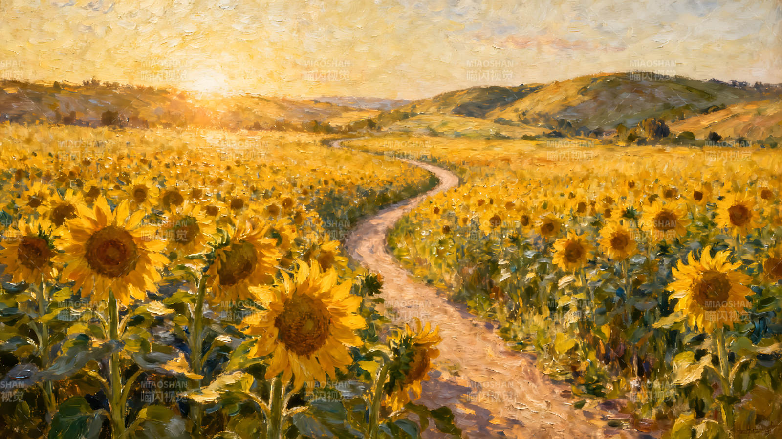 陽光明媚的向日葵田野風景畫-圖片