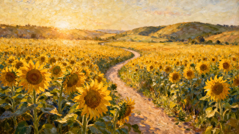 陽光明媚的向日葵田野風(fēng)景畫-圖片