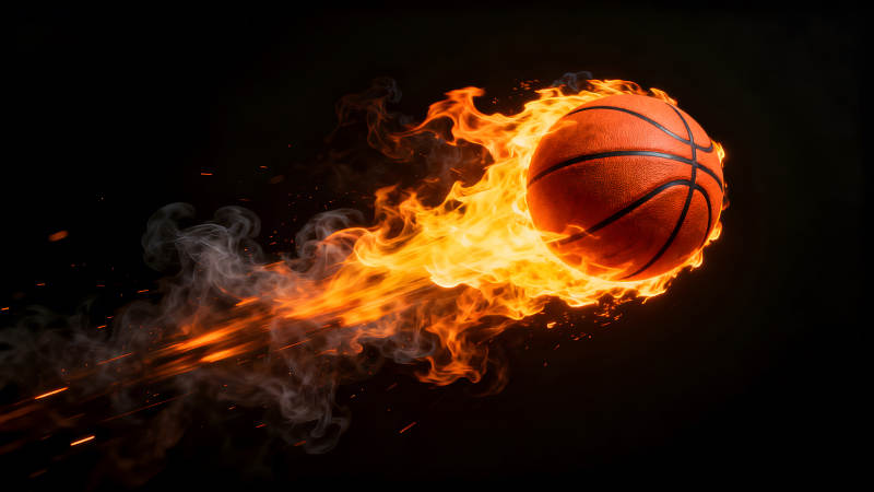 燃燒的籃球在黑暗中閃耀-圖片