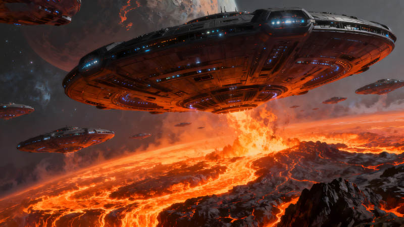 外星飞船掠过熔岩地貌场景-图片