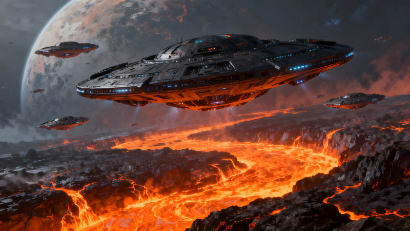 飛船飛過熔巖地貌行星-圖片