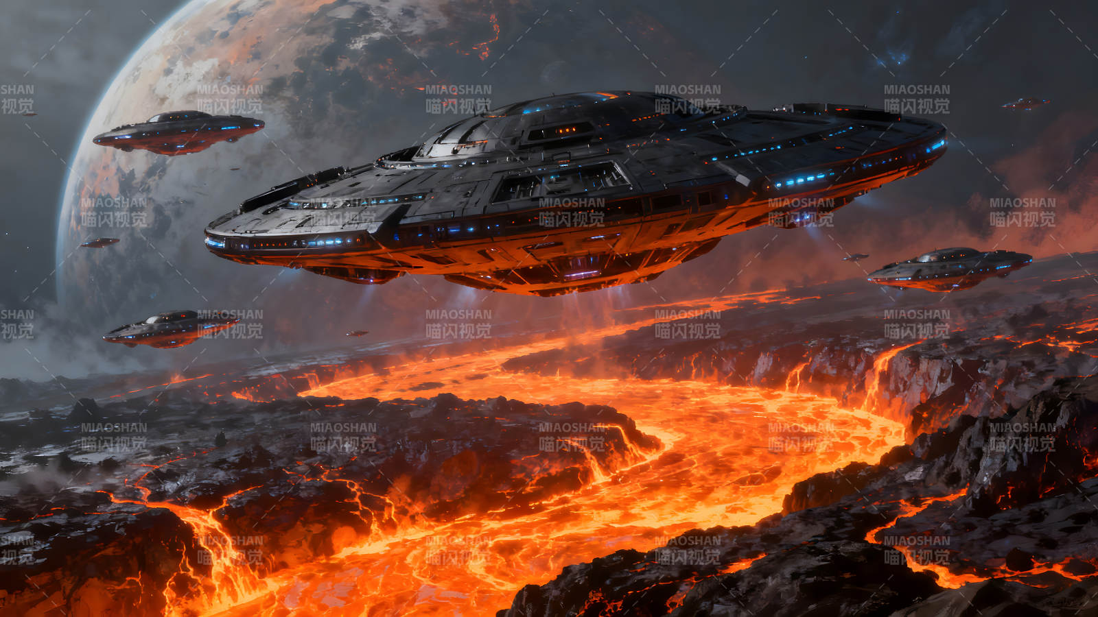 飞船飞过熔岩地貌行星-图片