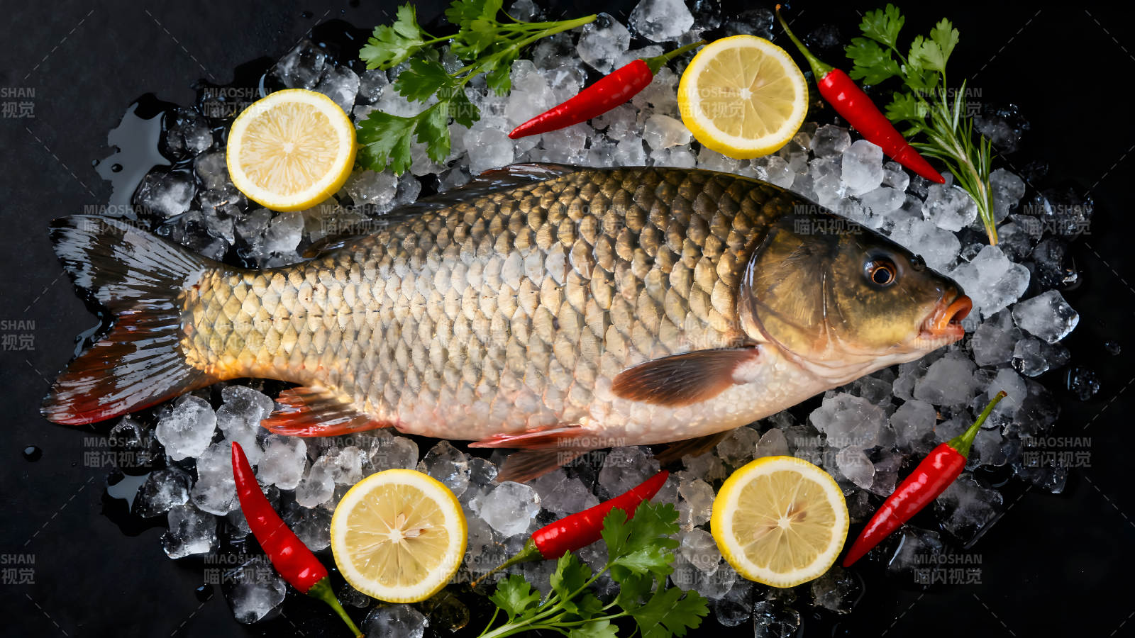 新鲜鱼类与食材摆盘特写-图片