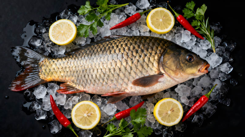 新鲜鱼类与食材摆盘特写-图片