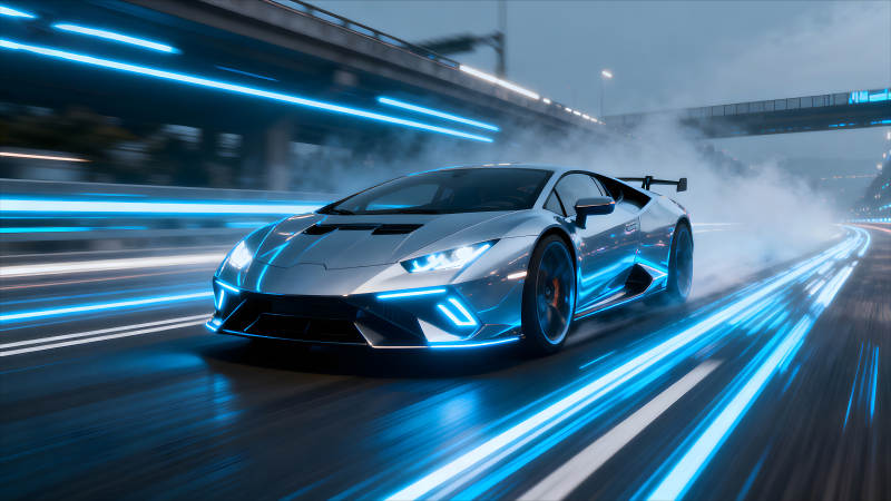 賽道上的銀色蘭博基尼-圖片