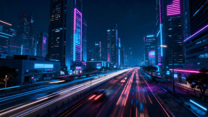 霓虹灯城市夜景车辆行驶光影-图片