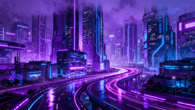 賽博朋克未來城市夜景霓虹燈光-圖片