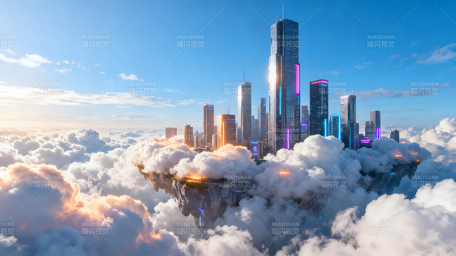 天空之城未來都市懸浮于云海之上-圖片