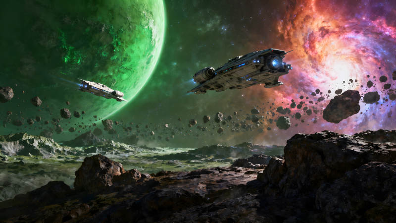 星际飞船穿梭于宇宙陨石带-图片