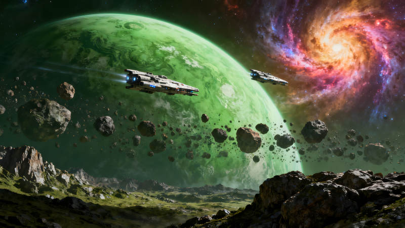 星际冒险之旅绿色星球穿梭星云之中-图片