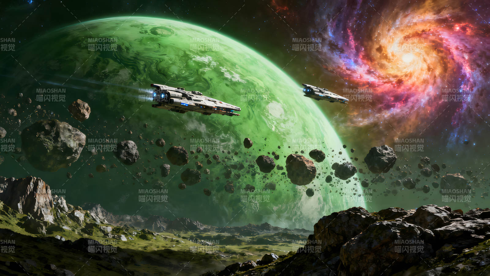 星际冒险之旅绿色星球穿梭星云之中-图片