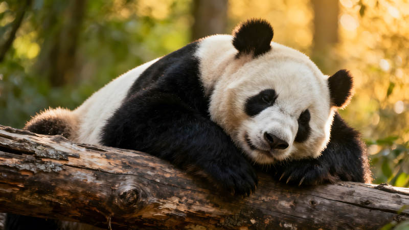 熊貓?jiān)跇涓缮闲菹⑾硎荜柟?圖片