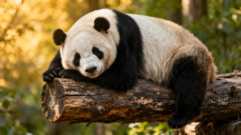 熊貓躺在木頭上放松休息-圖片