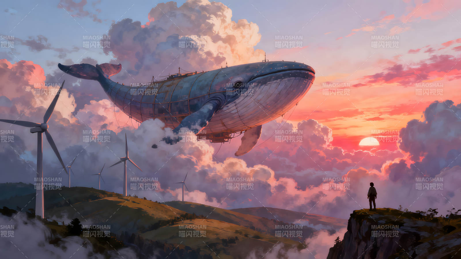 飛鯨翱翔天空眺望落日景象-圖片