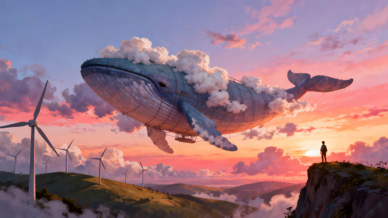 天空巨鯨遨游夕陽之下-圖片