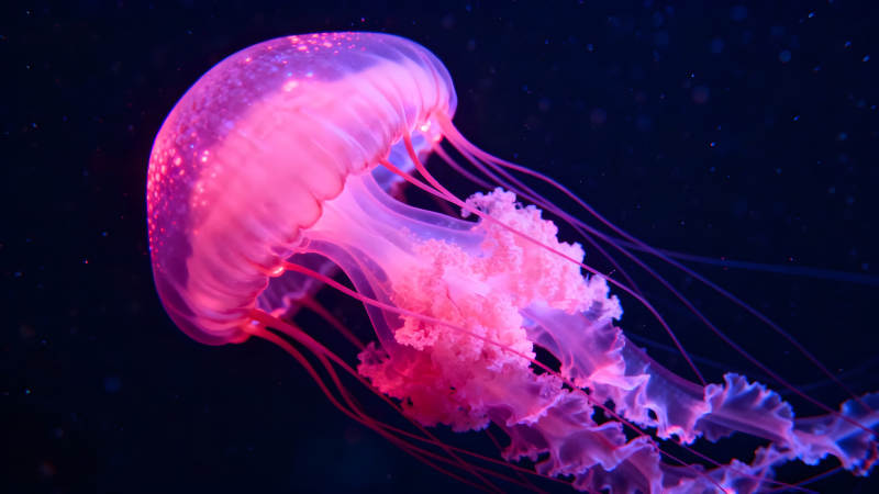 粉色水母在深海中游動-圖片