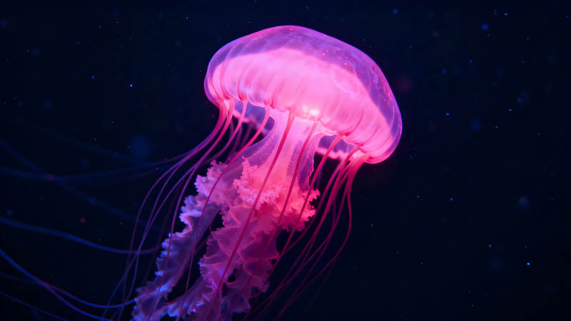 粉色水母在黑暗中漂浮發光-圖片