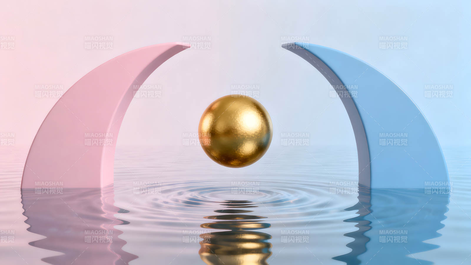 粉蓝拱形与金球漂浮水面-图片