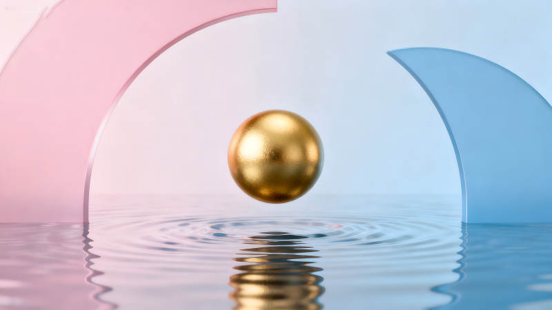 金色球体与水波纹的抽象艺术-图片