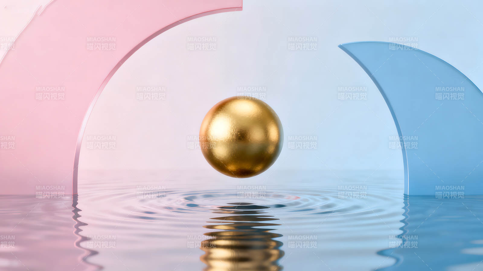 金色球体与水波纹的抽象艺术-图片