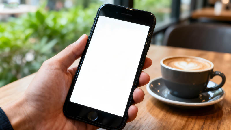 手持手机咖啡桌上惬意时光-图片