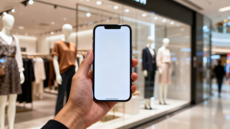 手持手机在商场购物-图片