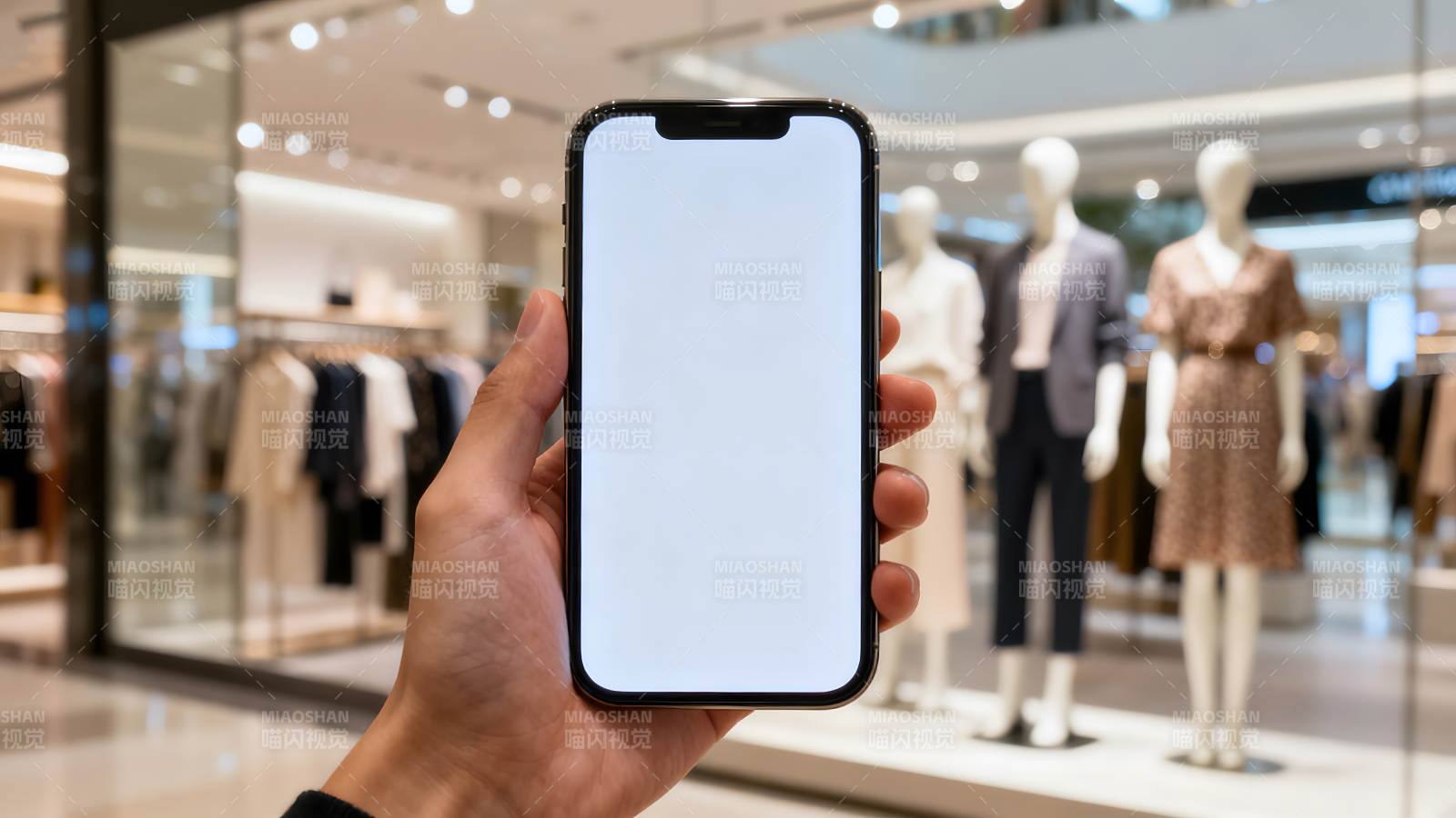 手持手机展示服装店背景-图片