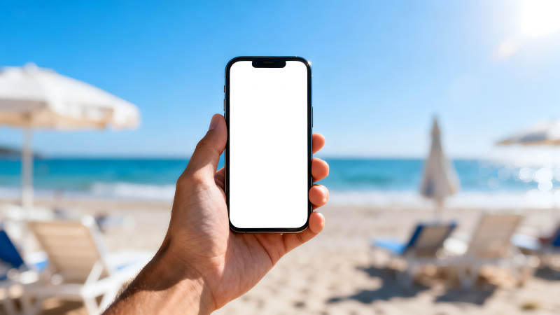 手机显示屏在海滩上-图片