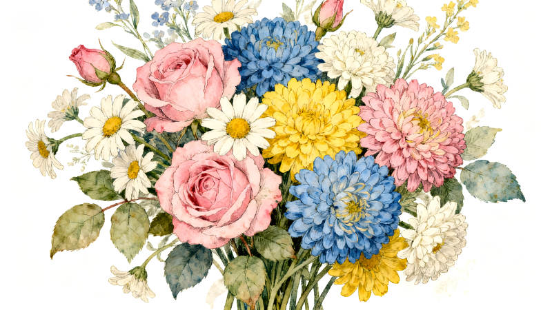 水彩花束颜色鲜艳美丽绽放-图片