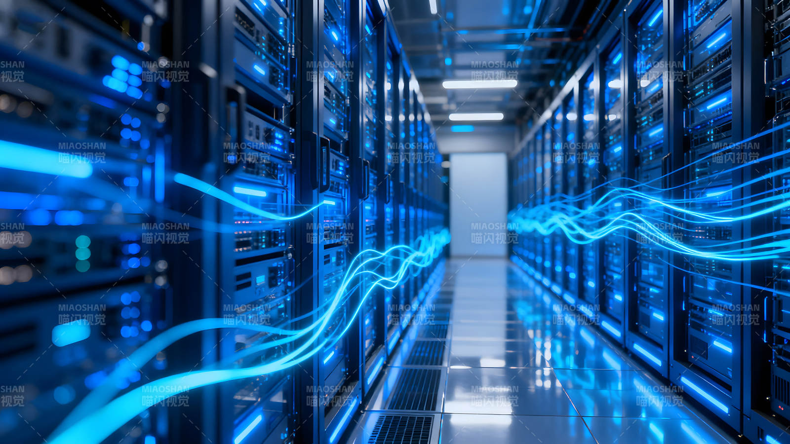 数据中心服务器蓝色光线连接-图片