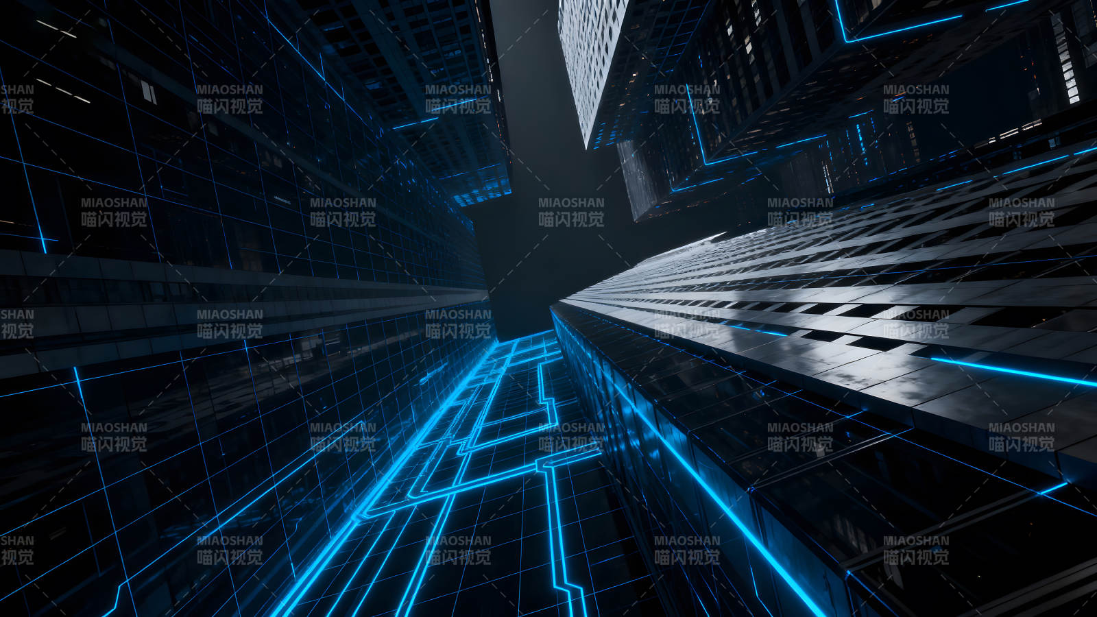 摩天大楼与霓虹灯光交织的科幻都市-图片