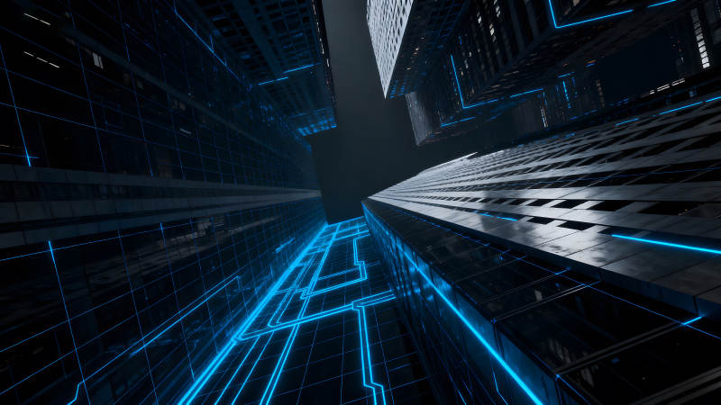 摩天大樓與霓虹燈光交織的科幻都市-圖片