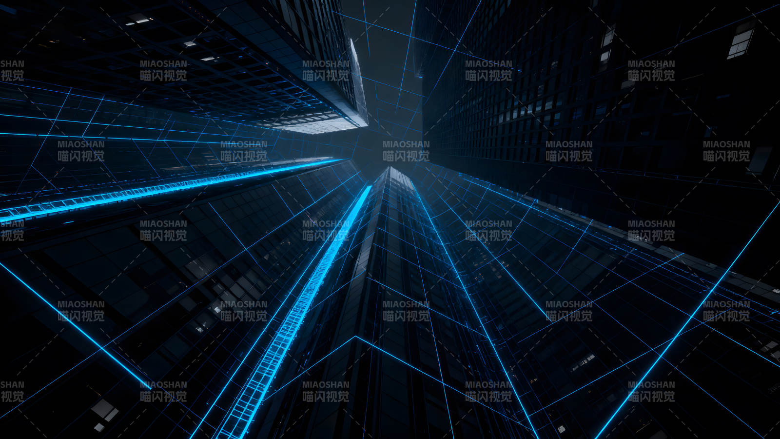 夜幕下摩天大楼的科幻视角-图片