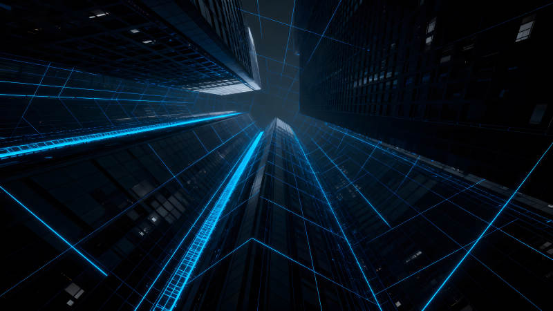 夜幕下摩天大樓的科幻視角-圖片