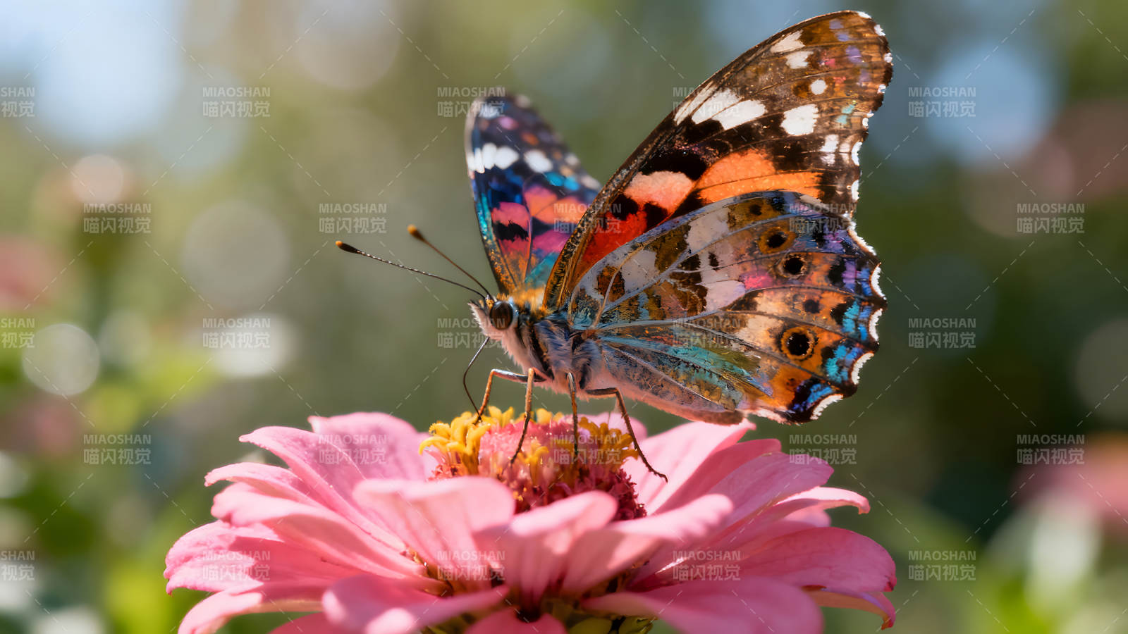 蝴蝶停留在粉色花朵上-图片