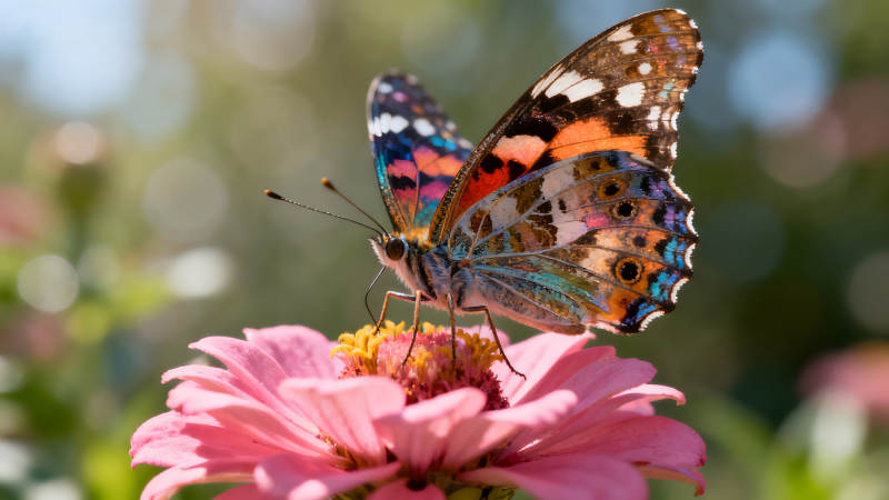 蝴蝶停留在粉色花朵上-图片