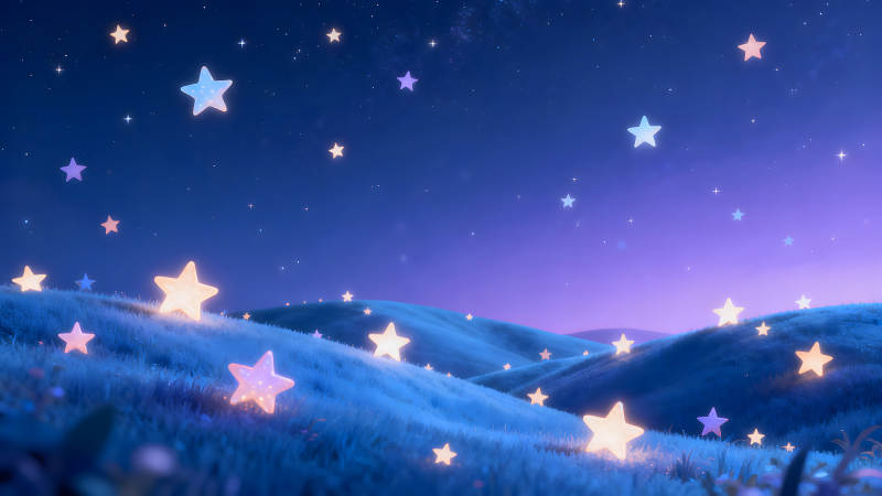 星光點綴下的夢幻草地景象-圖片