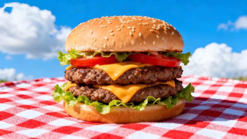 美味双层芝士汉堡户外野餐-图片