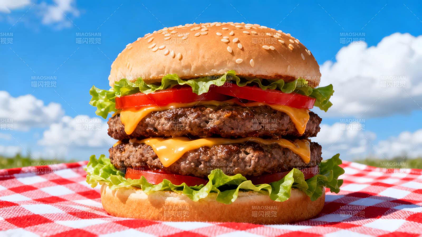 美味汉堡双层芝士搭配番茄生菜-图片