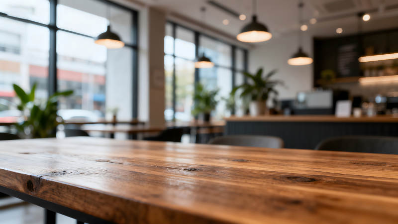 咖啡馆内木桌特写-图片