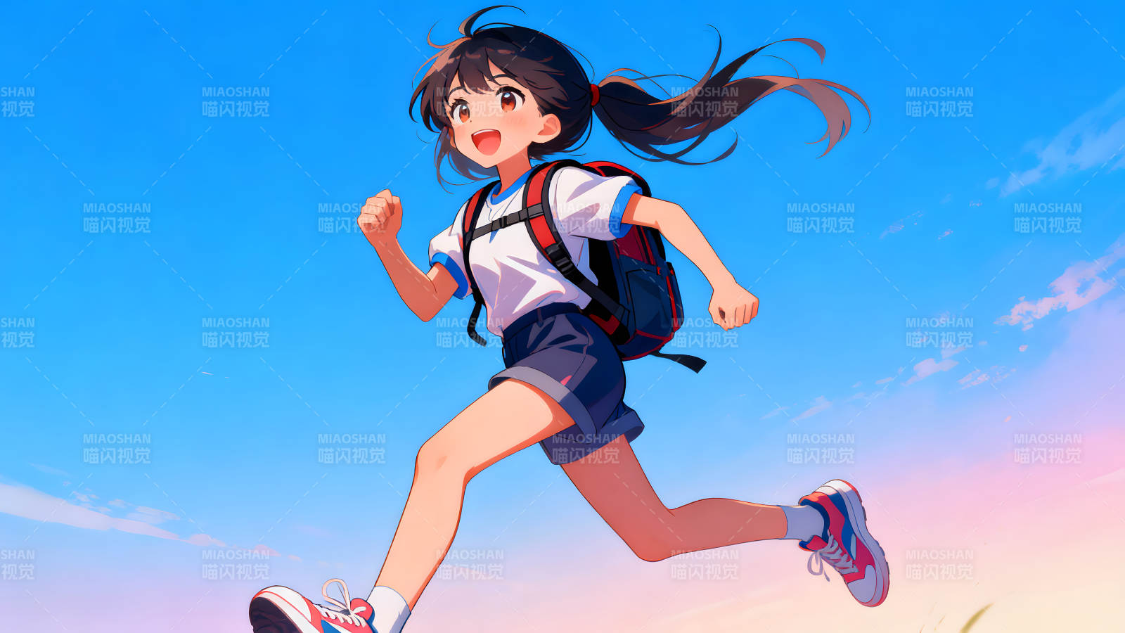 少女奔跑于蓝天之下活力满满-图片